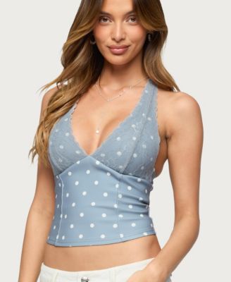 Women's Lacey Polka Dot Lace Up Halter Top