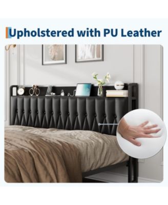 Queen Bed Frame with PU Faux Leather & Charging Station, Upholstered Platform Bed with 12" Underbed Storage & Metal Frame