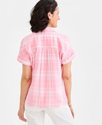 Women's Cotton Gauze Plaid Collared Popover Top