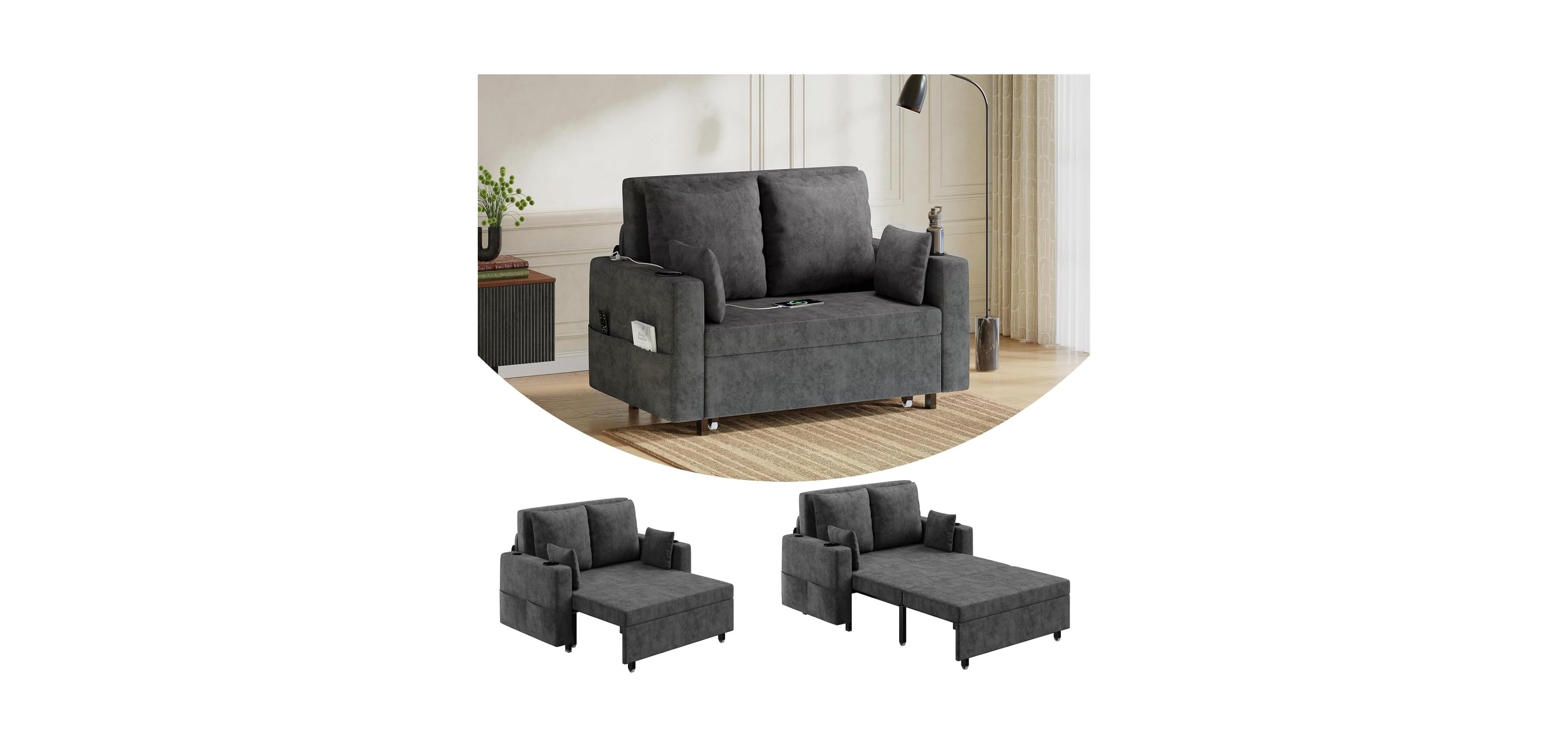 gaomon 3 in 1 Pull Out Couch, 56 Inch Convertible Sleeper Sofa Bed, Loveseat Sofa Couch with Cup Holders, Modern Loveseat for Living Room