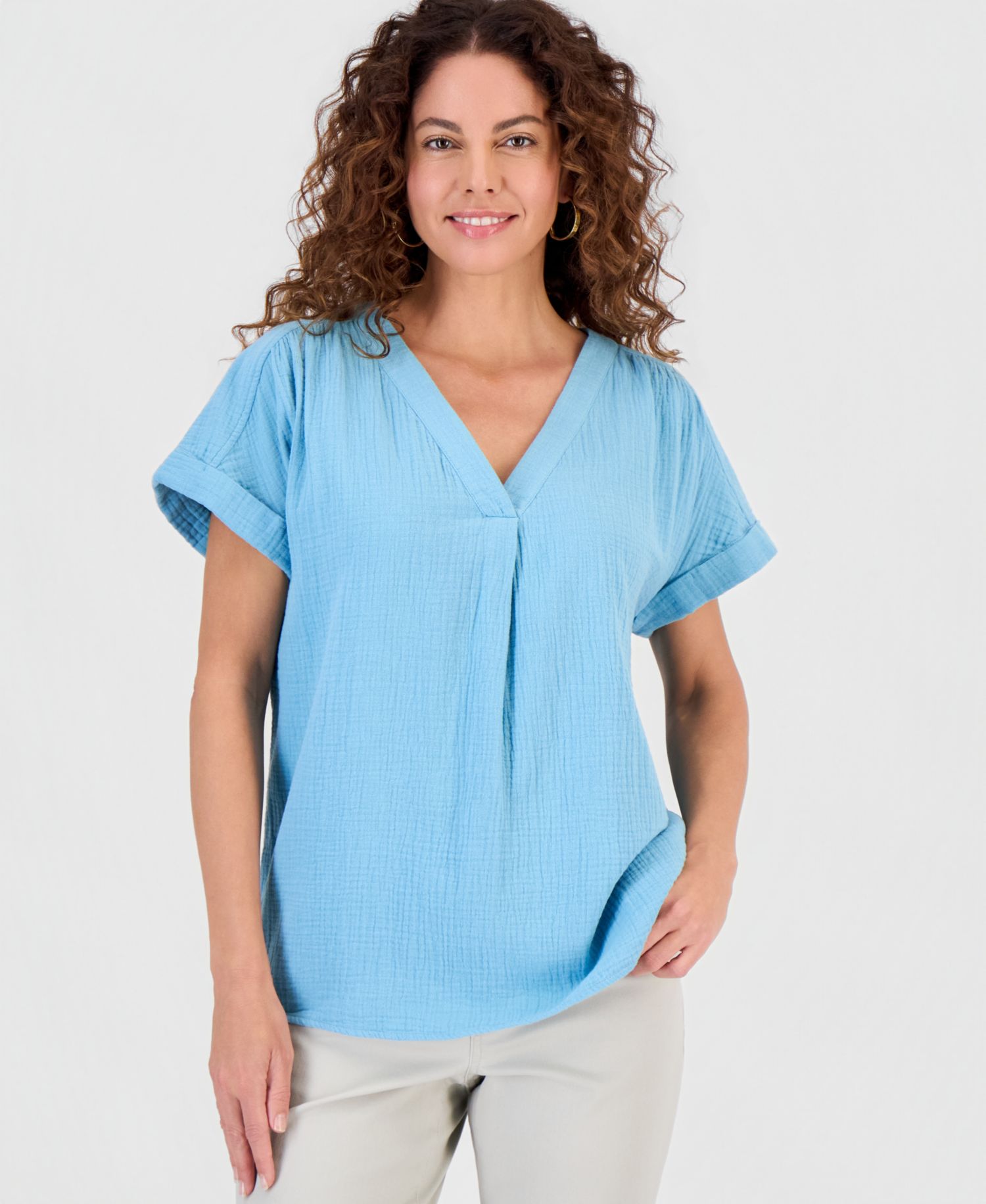 Petite Cotton Gauze V-Neck Short-Sleeve Top