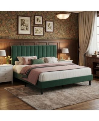 Bed Frame, Velvet Upholstered Platform Bed with Adjustable Vertical Channel Tufted Headboard, No Box Spring Needed, Easy Assembly