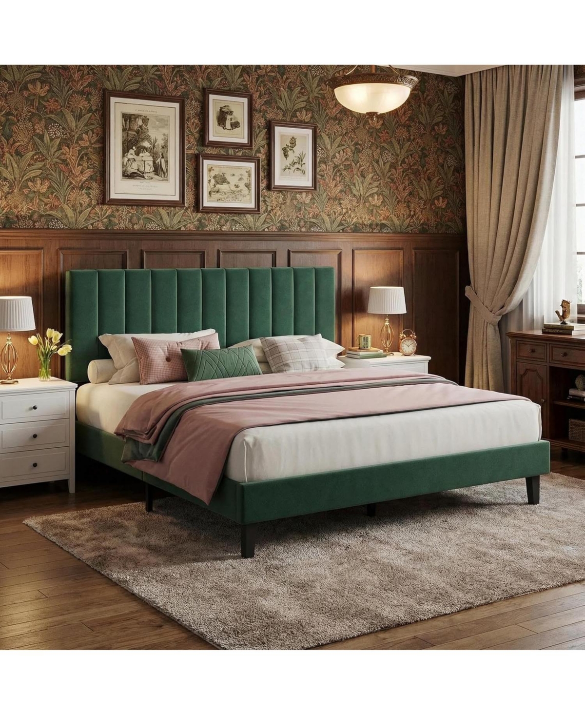 gaomon Bed Frame, Velvet Upholstered Platform Bed with Adjustable Vertical Channel Tufted Headboard, No Box Spring Needed, Easy Assembly