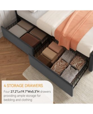 Queen Size Bed Frame with 4 Storage Drawers and Headboard, Linen Upholstered Platform Bed Frame with Wooden Slats Support
