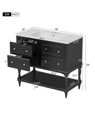 36" Modern Bathroom Vanity with Ceramic Sink, Freestanding Solid Wood Cabinet, 4 Drawers & Storage Shelf