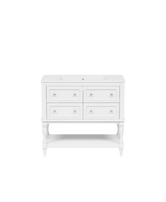 36" Modern Bathroom Vanity with Ceramic Sink, Freestanding Solid Wood Cabinet, 4 Drawers & Storage Shelf