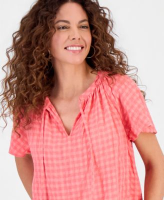 Women's Seersucker Split-Neck Flutter Sleeve Top