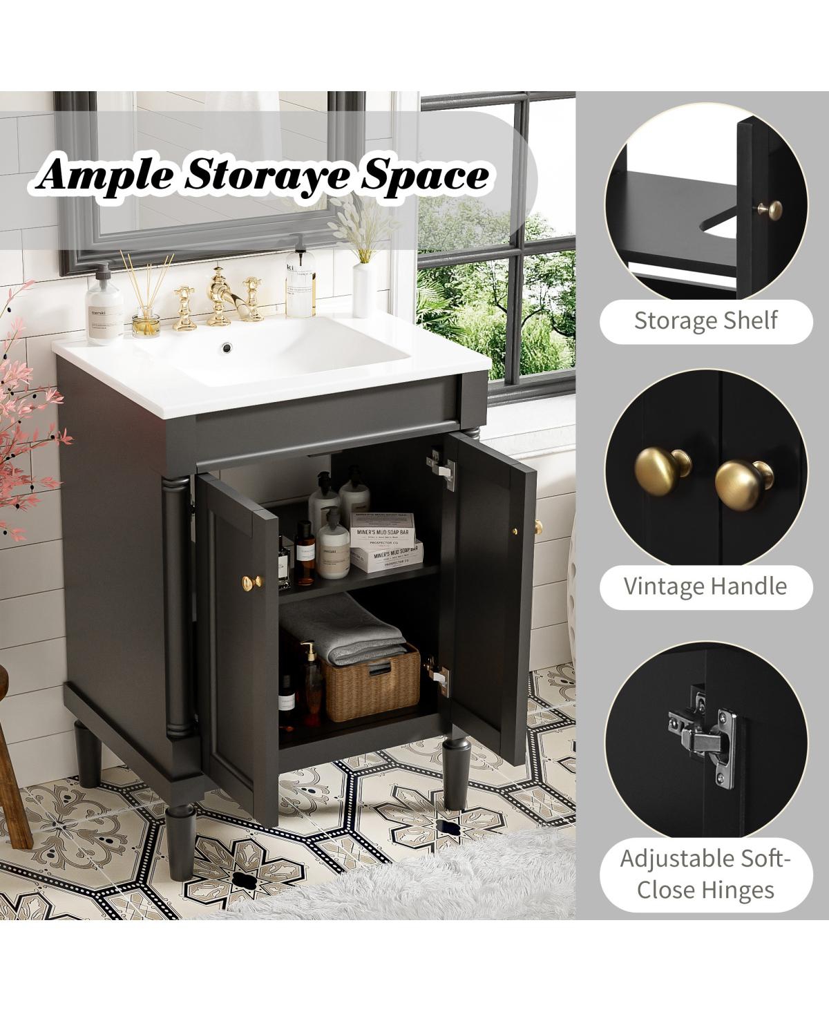 Sillysis 24" Bathroom Vanity with Ceramic Sink, Modern Solid Wood Cabinet & Ample Storage for Small Spaces