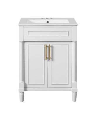 24" Bathroom Vanity with Curved Ceramic Sink, Adjustable Shelf 2-Door Storage for Small Modern Bathrooms