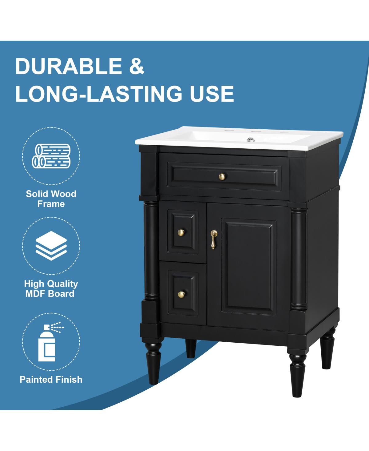 Sillysis 24" Bathroom Vanity with Sink, Solid Wood Cabinet Flip Drawer and Adjustable Shelf, Freestanding Modern Storage for Small Spaces