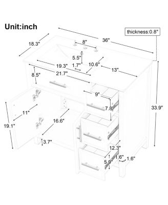 36" Bathroom Vanity with Left Ceramic Sink, Solid Wood & MDF Cabinet, Ample Storage Drawers, Modern Freestanding