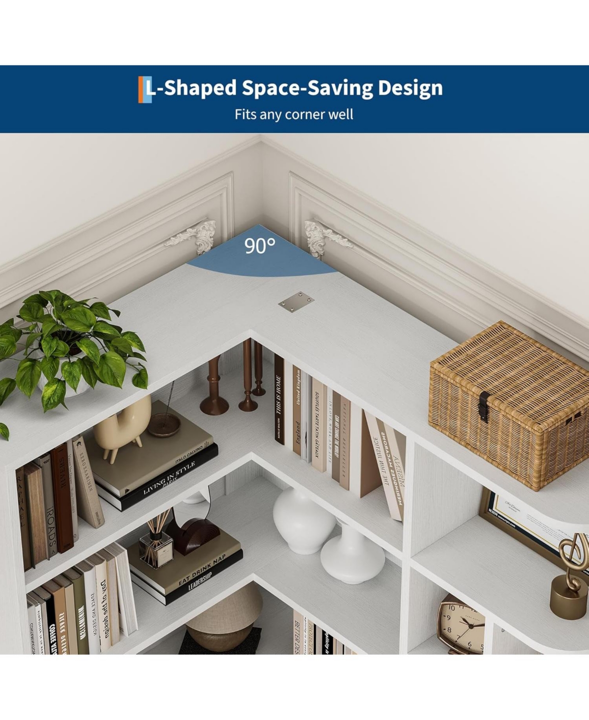 gaomon 74'' Tall Corner Bookshelf - 6-Tier Book Shelf with Drawer and Cabinets, l-Shaped Bookcase Open Storage Shelves Modern Display Shelf for Home