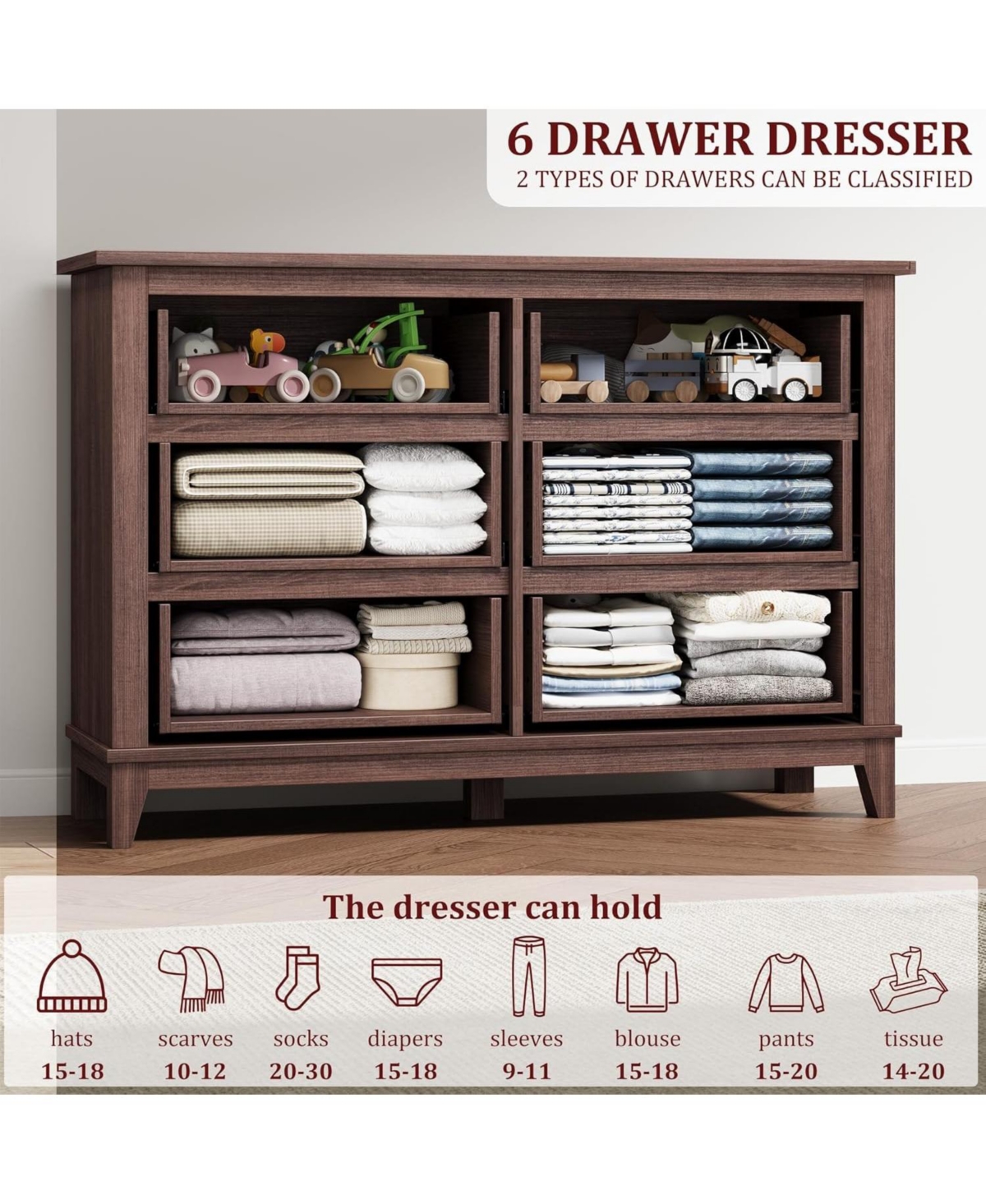gaomon 6 Drawer Dresser, 47" Wide Wooden Storage Chest for Bedroom, Living Room, Entryway