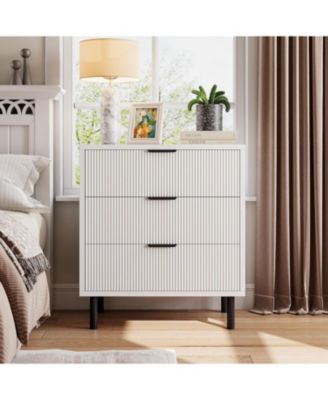 Fluted 3 Drawer Dresser with Metal Legs, Wooden Nightstand Storage for Bedroom, Entryway