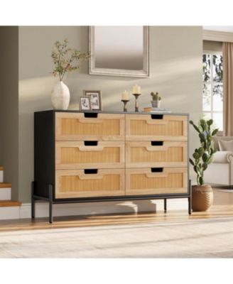 Rattan 6 Drawer Dresser with Metal Legs, Wooden Storage Chest for Living Room