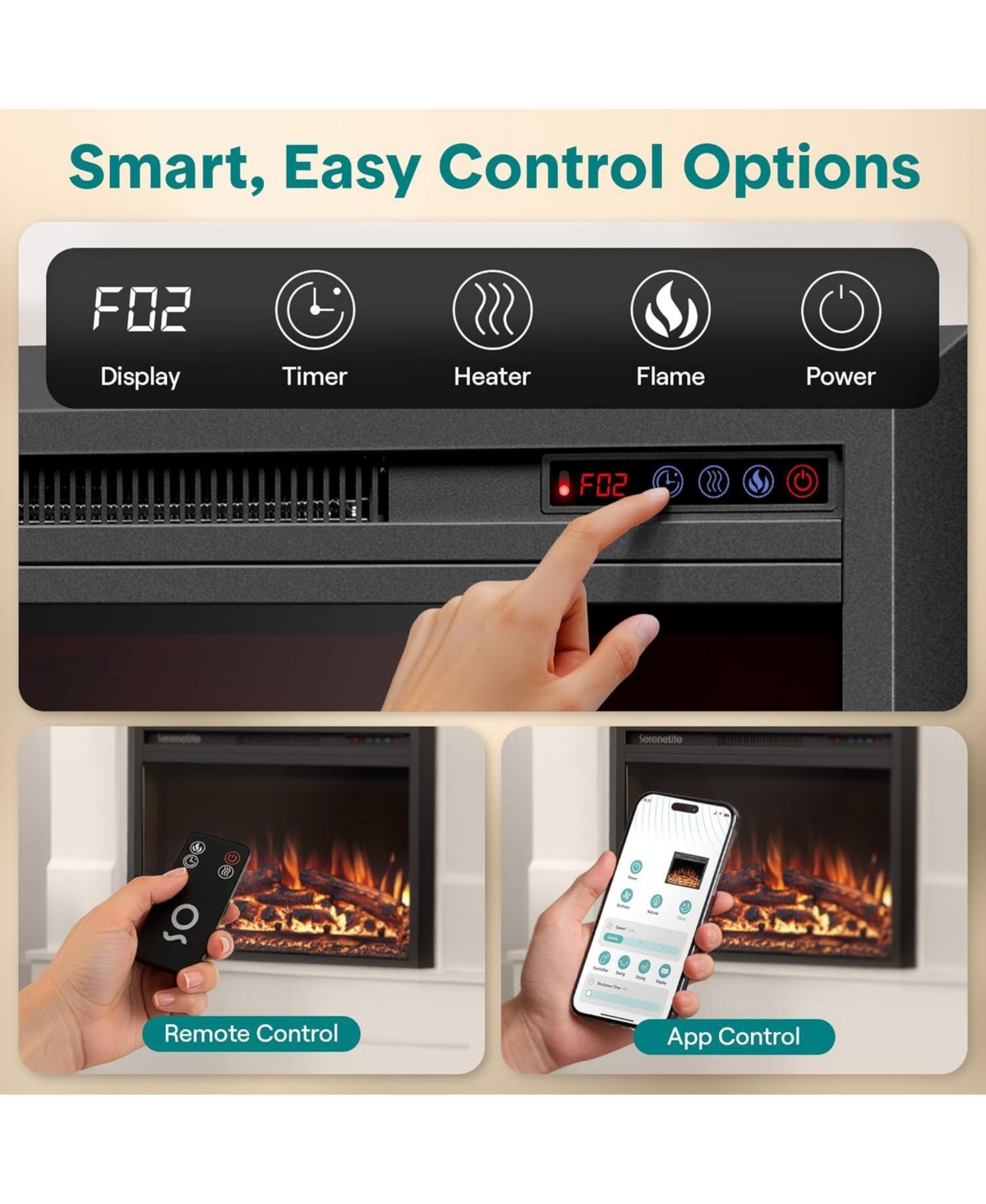 SereneLife Electric Fireplace Heater with Led Flame, Smart Wi Fi Control, Thermostat, Recessed or Wall Mounted Design
