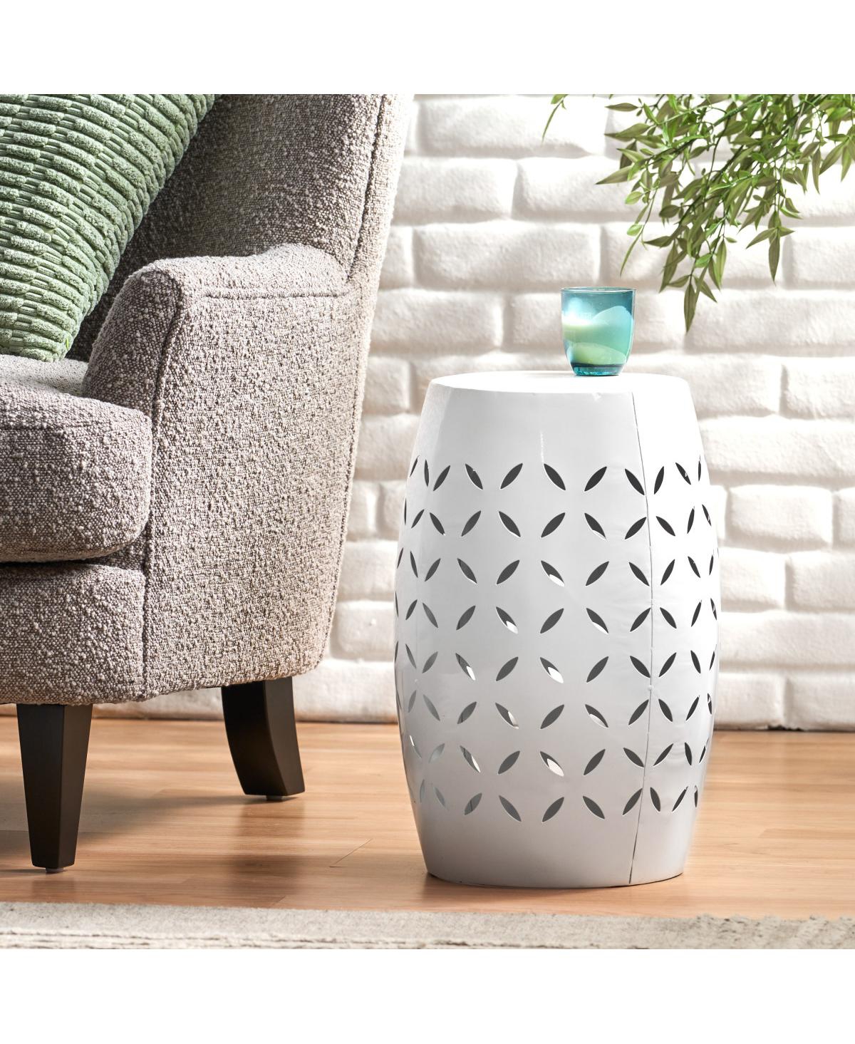 Streamdale Furniture Sculptural Barrel Side Table with Laser-Cut Floral Motifs