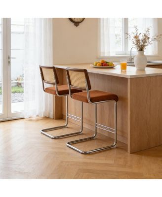 Woven Bar Stool Set with Solid Wood Backrest, Counter Stool