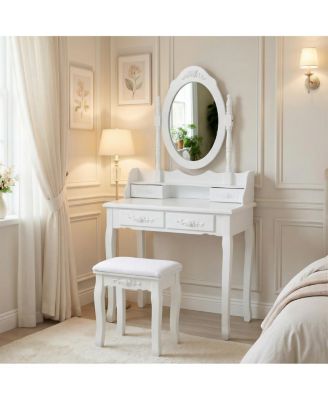 Princess Vanity Desk Set with Mirror & Stool, 4-Drawer Makeup Table