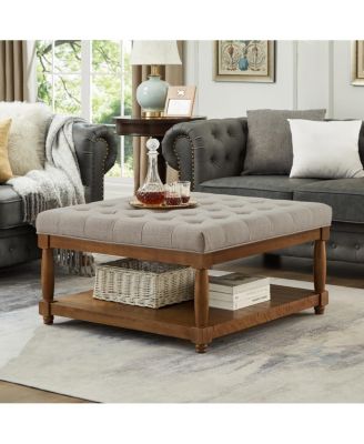 Large Tufted Linen Ottoman Coffee Table with Solid Wood Shelf