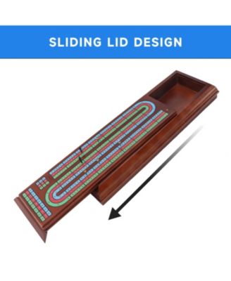 Multi Color 3-Track Wooden Cribbage Board Box with 2 Deck Playing Cards, 9 Metal Pegs and Drawer