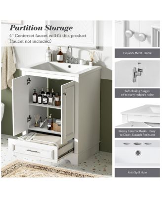 24" Bathroom Vanity with Ceramic Sink, Modern Freestanding Cabinet with Drawer & Soft Closing Doors, Solid Wood MDF Storage
