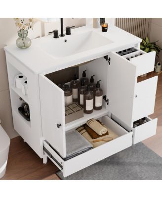 36" Bathroom Vanity with Sink, Solid Wood Cabinet, 4 Drawers and Side Storage for Small Bathrooms