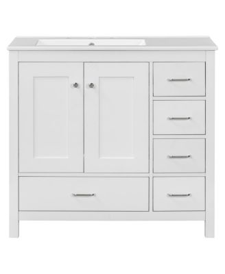 36" Bathroom Vanity with Sink, Solid Wood Cabinet & 5 Drawers Storage, Modern Freestanding Bath Cabinet for Small Spaces