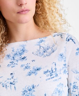 Women's Linen Blend Boat-Neck 3/4-Sleeve Top