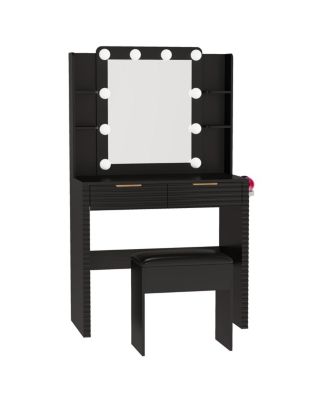 Makeup Vanity Desk with Hollywood Bulbs, Charging Station & Stool