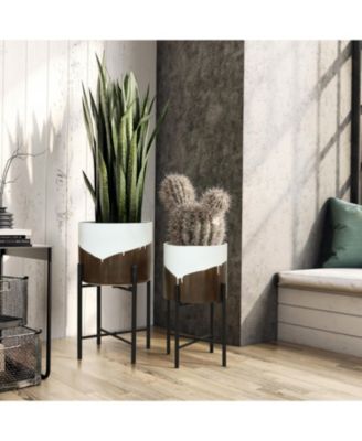 2-Piece White and Brown Metal Cachepot Planters Set with Stands