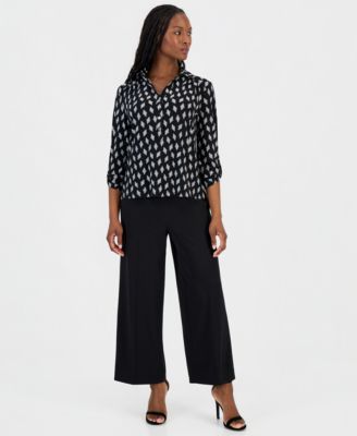 Petite Printed Collared 3/4-Sleeve Top