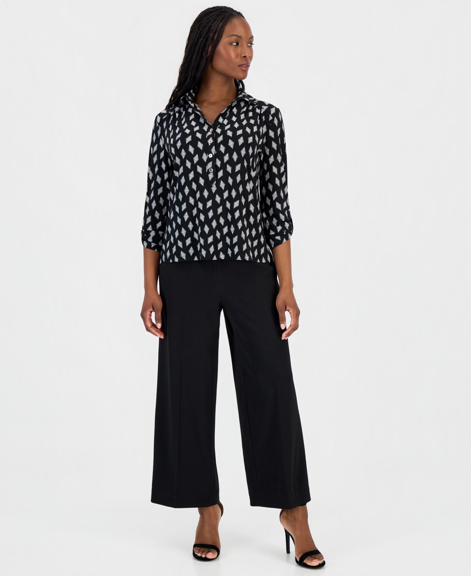 Women's Printed Collared 3/4-Sleeve Top
