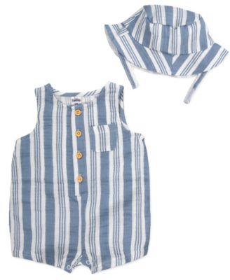 Baby Boys' Striped Gauze Sleeveless Romper and Hat, 2-Piece Set
