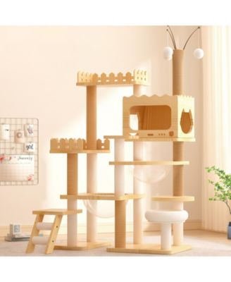 66.9" Modern Wood Cat Tree with Scratching Posts, Perch & Acrylic Hammock for Multi-Cat Homes