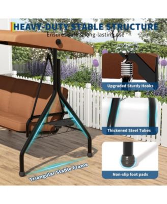 3 Seat Outdoor Porch Swing, 2-in-1 Patio Swing Chair with Thickened Removable Cushions, Adjustable Canopy   Cup Holders