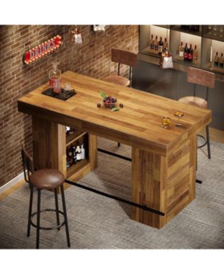 63-Inch Bar Table with Storage Shelves, Counter Height Pub Table with Metal Footrest, Rectangular High Top Home Bar Units