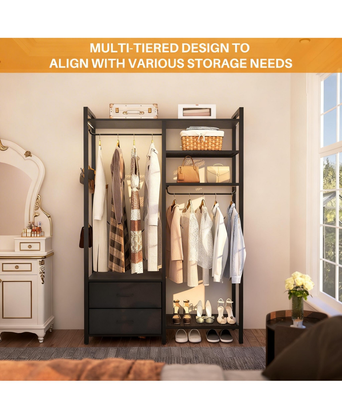 Yigii Reversible Hanging Clothes Rack with Drawers and Shelves