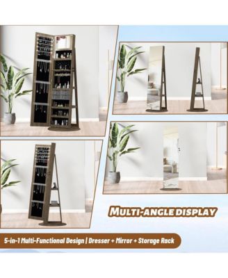 360°Swivel Jewelry Cabinet, Standing Jewelry Armoire Organizer, Lockable Storage Cabinet with Full Length Mirror, Display Shelves