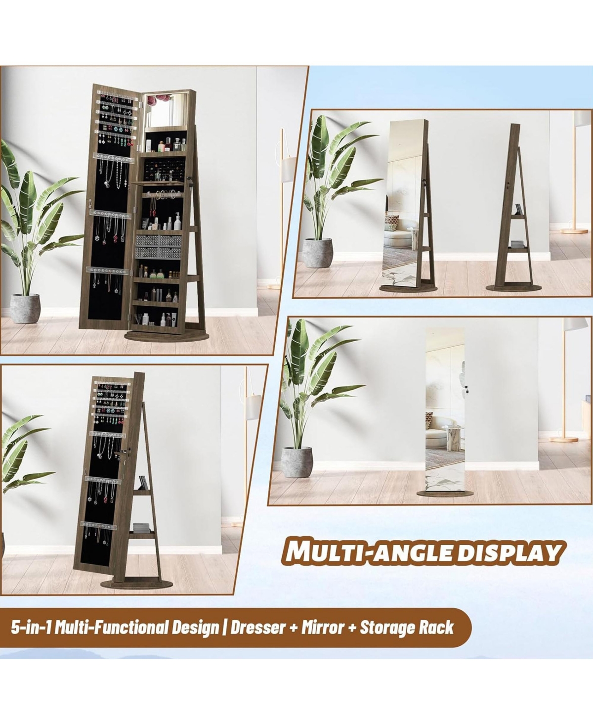 Rainsken 360°Swivel Jewelry Cabinet, Standing Jewelry Armoire Organizer, Lockable Storage Cabinet with Full Length Mirror