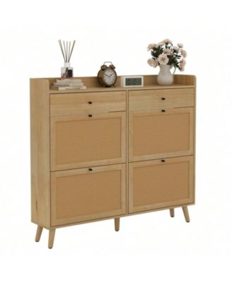 Oak Slim Freestanding Shoe Cabinet - 4 Rattan Flip Drawers + 2 Drawers Solid Wood Legs Organizer