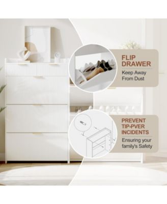 Modern Fluted Entryway Shoe Cabinet - 3 Flip Drawers 2 Small Drawers + Hook Slim Organizer