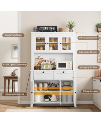 Pantry Cabinet with Charging Station, Kitchen Hutch with Storage Drawers and Adjustable Shelves