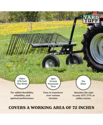 72" Pine Straw ATV Tow Behind Steel Landscape Rake w/Wheels and Handle