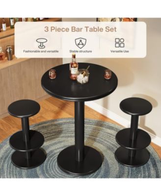 39.4" H Round Bar Table and Chairs Set, Modern Black Bistro Pub Table with 2 Barstools, Wooden Counter Height Cocktail Table