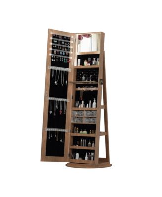 360°Swivel Jewelry Cabinet, Standing Jewelry Armoire Organizer, Lockable Storage Cabinet with Full Length Mirror, Display Shelves - Walnut
