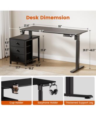 55x24" Sit-Stand Desk Height Adjustable Computer Desk with 2 Hooks, Storage Drawers, Printer Cabinet