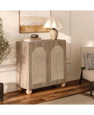 2-Door Natural Oak Finish Manufactured Wood Cabinet, Pine Round Ball Legs