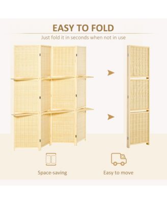 6' Folding Privacy Screen Bamboo Room Divider w/ 2 Open Shelves