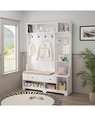 Hall Tree - Wooden Coat Rack with Hooks, 2 Drawers, Open Shelves, DIY Pegboard and Removable Linen Cushioned Entryway Bench
